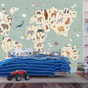 Weltkarte Reise Tiere Wunder Kinderzimmer Dekor Geschenk für Kinderzimmer Einfach zu installierendes Wandbild Tapete abziehen und aufkleben Moderne Kunst Waschbar