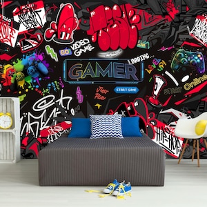 Graffiti Theme Gaming Room, Custom Art, PERSONALIZED NAME Decal Sticker Gift For Kids, Teenage Wall Sticker Removable Peel & Stick Washable