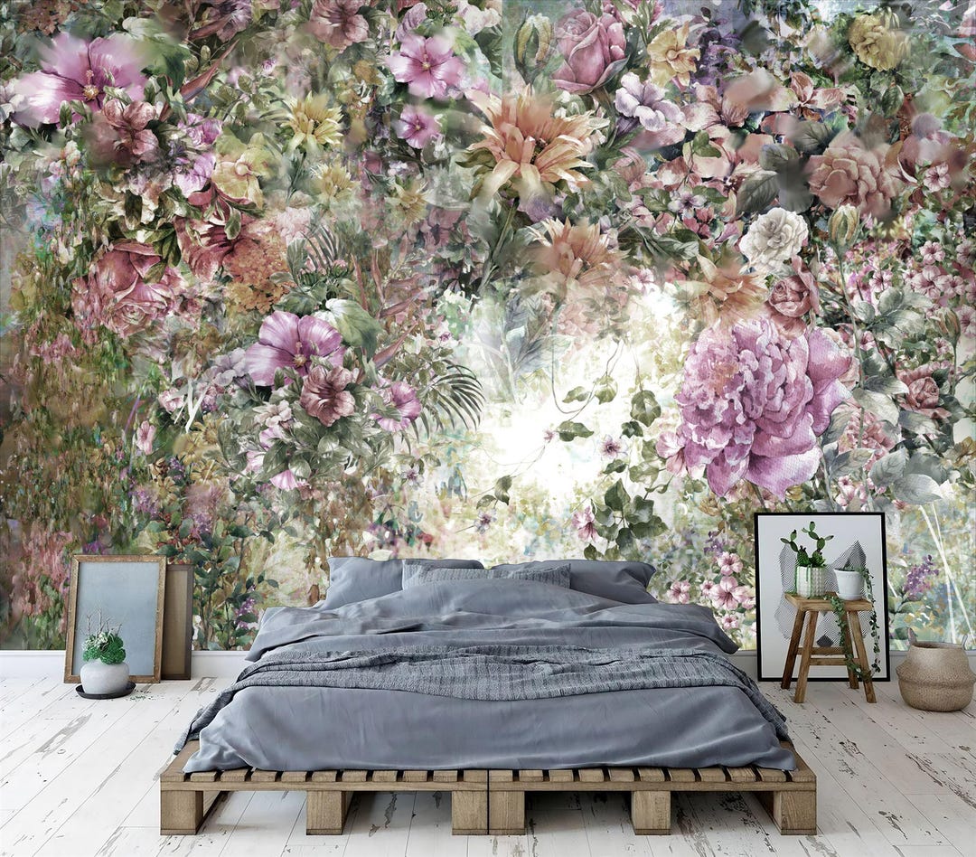 Wallpaper, Watercolor Floral Wall Mural, Colorful Flowers, Peel and ...
