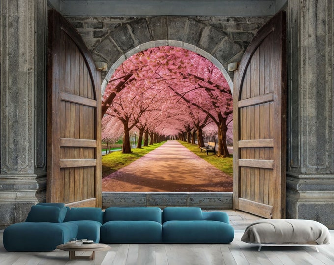 3D Wooden Castle Sakura Pink Cherry Trees Gift Art Print Photomural Wallpaper Mural Easy-Install Removeable Peel and Stick Large Decal Art