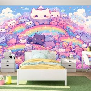 Kawaii doodle monsters, city, cat, robot Kids Room Decor, Generative AI Easy-Install Wall Mural Wallpaper Peel and Stick Modern Art Washable