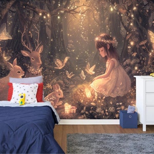 Forêt magique au pays des merveilles cadeau de décoration de chambre pour filles, impression d'art papier peint photo mural facile à installer, grand sticker