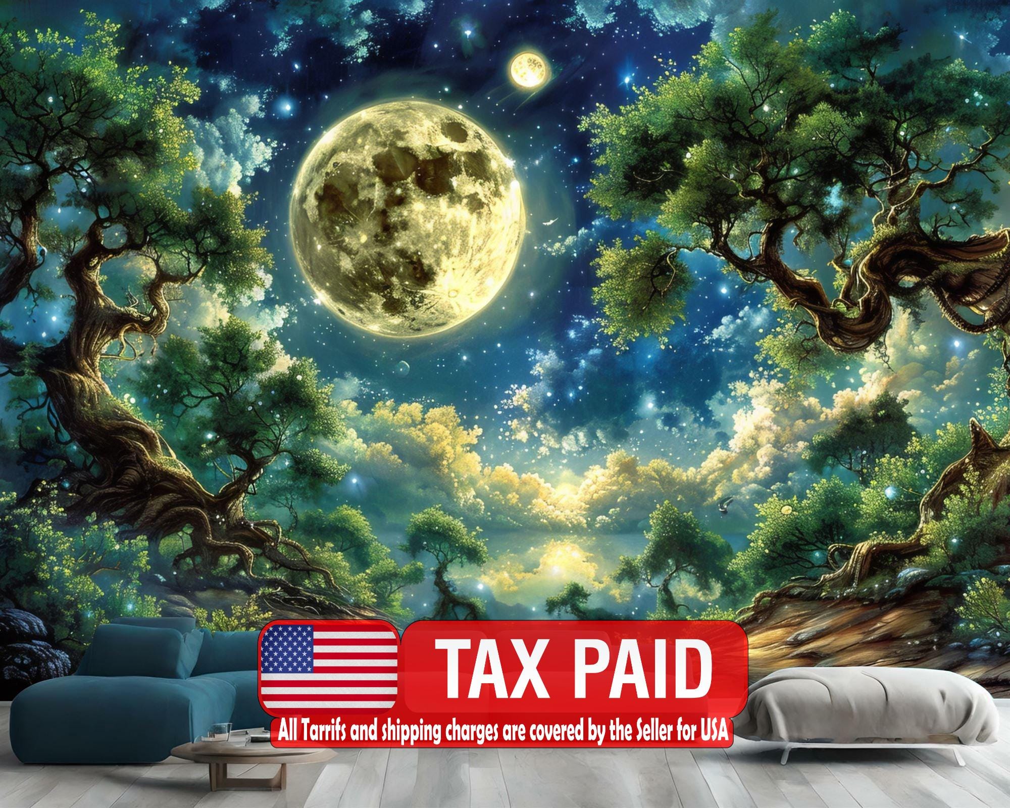 Forest Moon Peel and Stick Wallpaper Mural, Starry Night Wall Decal - Etsy