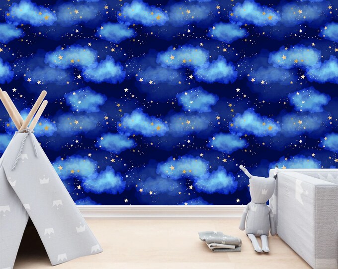 Starry Night Blue Clouds Digital Style Gift, Art Print Photomural Wallpaper Mural Easy-Install Removeable Peel and Stick Large Wall Decal