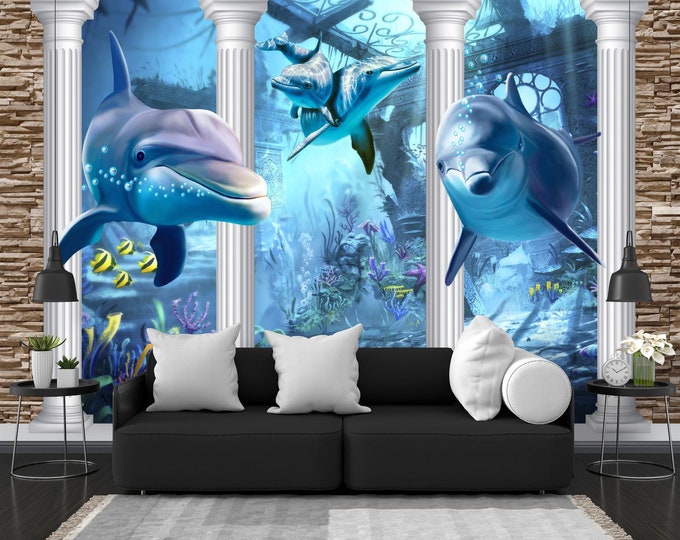 3d Underwater Dolphins Columns Gift, Art Print Photomural Wallpaper Mural Easy-Install Removeable Peel and Stick Large Photo Wall Decal New