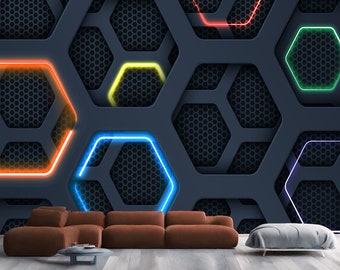Black Hexagon Colorful Neon Light Gaming Room, Art Print Photomural Wallpaper Mural Easy-Install Removeable Peel and Stick Large Wall Decal