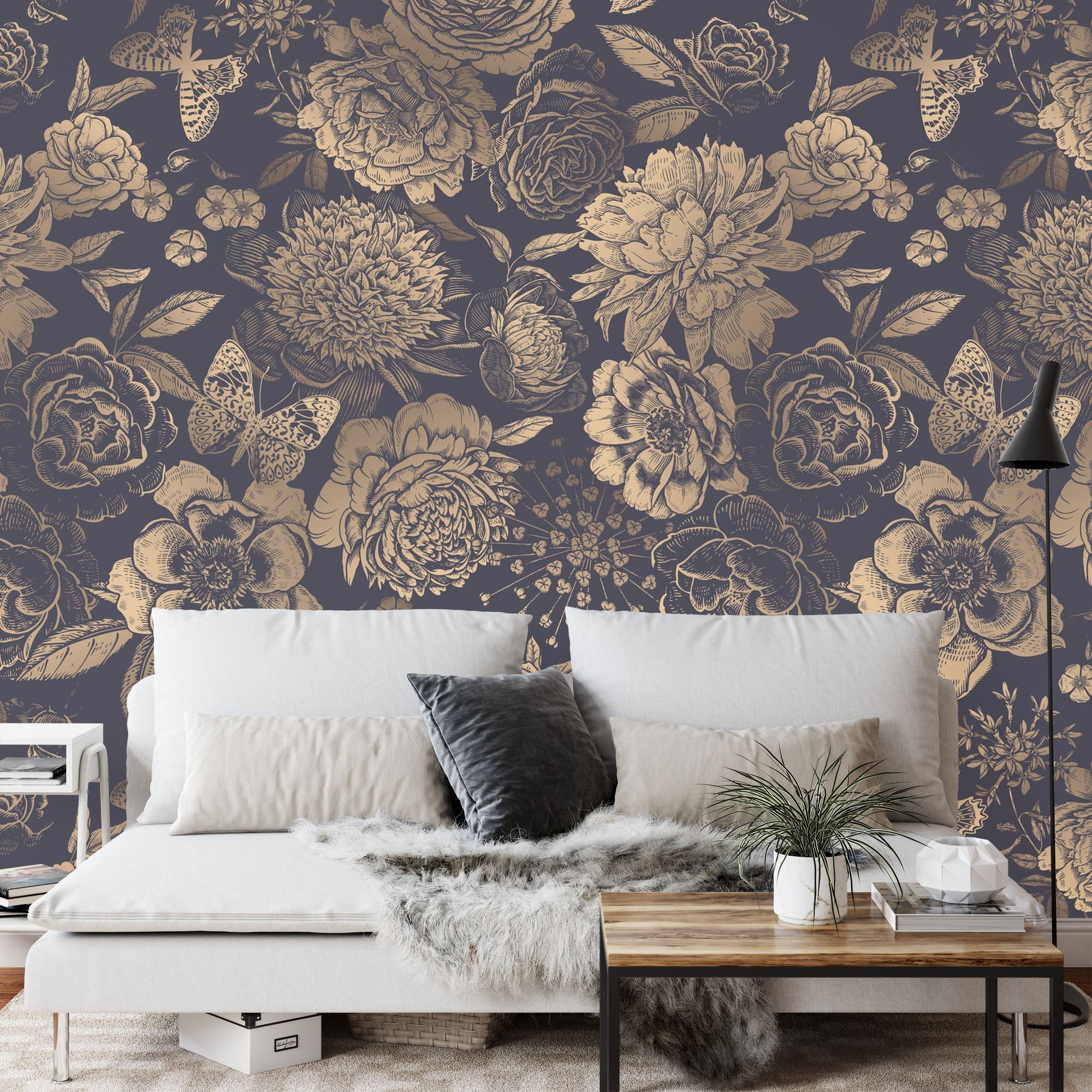Black and Gold Peony Wallpaper Mural, Vintage Floral Peel and Stick ...