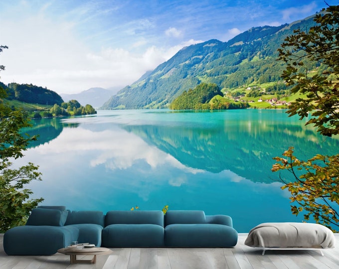 Nature Lake And Mountain Home Decor Gift, Art Print Photomural Wallpaper Mural Easy-Install Removeable Peel and Stick Large Wall Decal Art