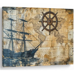 Carte nautique vintage antique, bûche du capitaine, décoration maritime, impression sur toile naturelle, art mural, excellente idée cadeau, art mural de haute qualité pour la maison