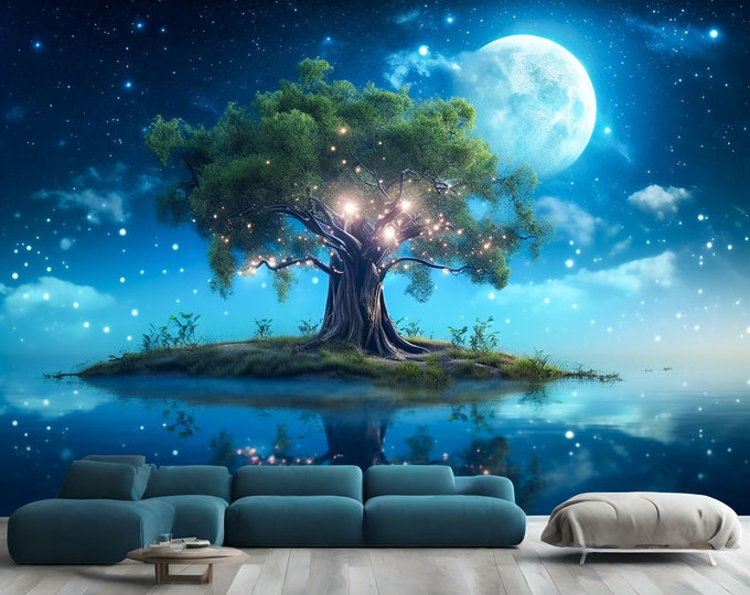 Fantasy Tree on Island Generative AI  Gift, Art Print Photomural Wallpaper Mural Easy-Install Removeable Peel and Stick Large Wall Decal Art