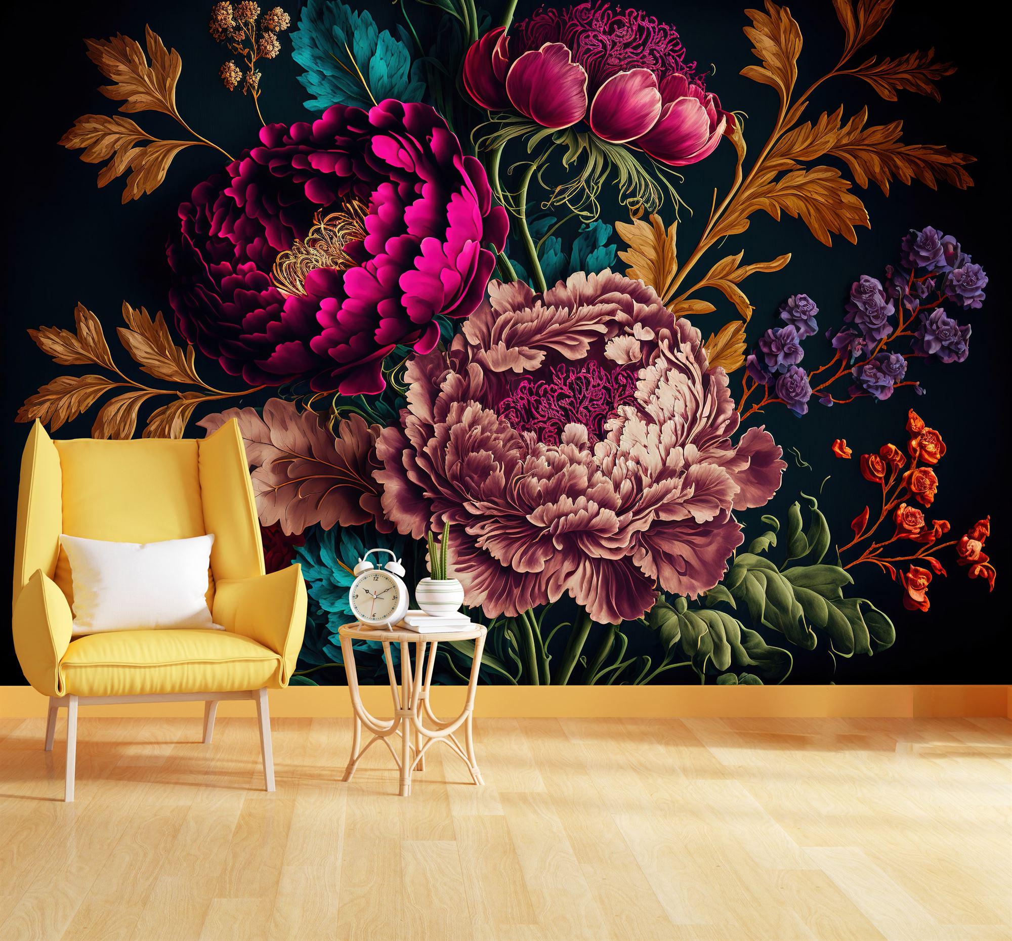 Dark Peony Floral Wallpaper: Bold Boho Wall Mural, Peel & Stick - Etsy