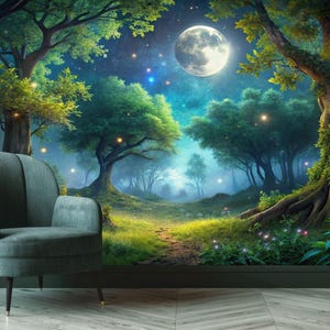 Tree and Twinkling Fireflies Moonlit Night Sky Gift, Art Print Photomural Wallpaper Mural Easy-Install Removeable Peel and Stick Wall Decal