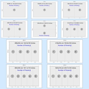 May include: Diagram showing different sizes of rectangular panels with measurements in centimeters and inches, and the number of panels needed for each size. The diagram shows 9 different sizes of panels, ranging from 90x60 cm to 520x318 cm.