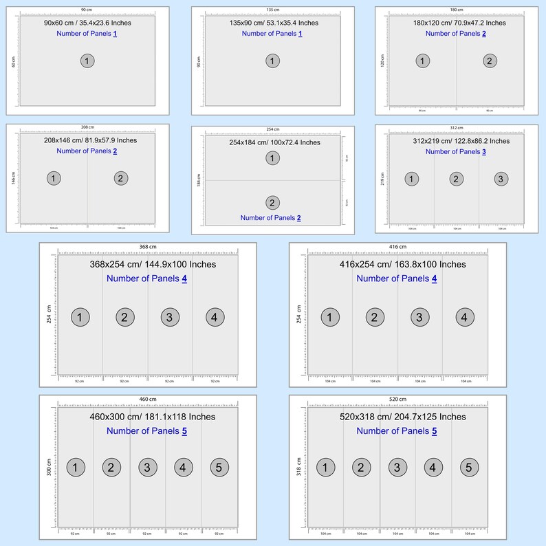 May include: Diagram showing different sizes of rectangular panels with measurements in centimeters and inches, and the number of panels needed for each size. The diagram shows 9 different sizes of panels, ranging from 90x60 cm to 520x318 cm.