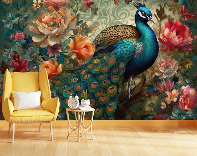 Vintage Chinoiserie Peacock Flowers Gift, Art Print Photomural Wallpaper Mural Easy-Install Removeable Peel and Stick Large Wall Decal Art