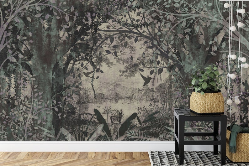 Vintage Forest Landscape Wallpaper Mural, Peel and Stick Wall Decal - Etsy