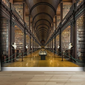 May include: A long, narrow library with tall bookshelves filled with books. The shelves are made of dark wood and the room is lit by natural light. The floor is made of wood and there are two green curtains on either side of the room.