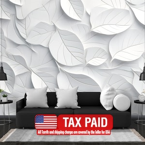 White Geometric Leaves 3D Wallpaper, Easy Install Peel and Stick Mural