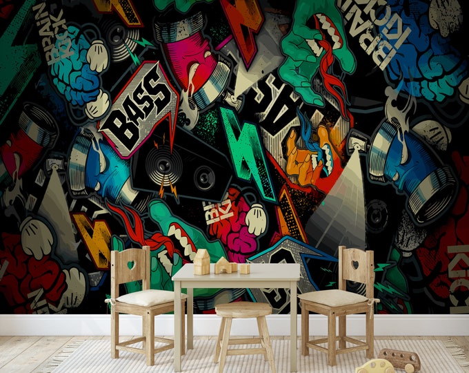 Colorful Funny Graffiti Teenage Kids Room Backdrop Gift, Art Print Photomural Wallpaper Mural Easy-Install Removeable Peel and Stick Decal