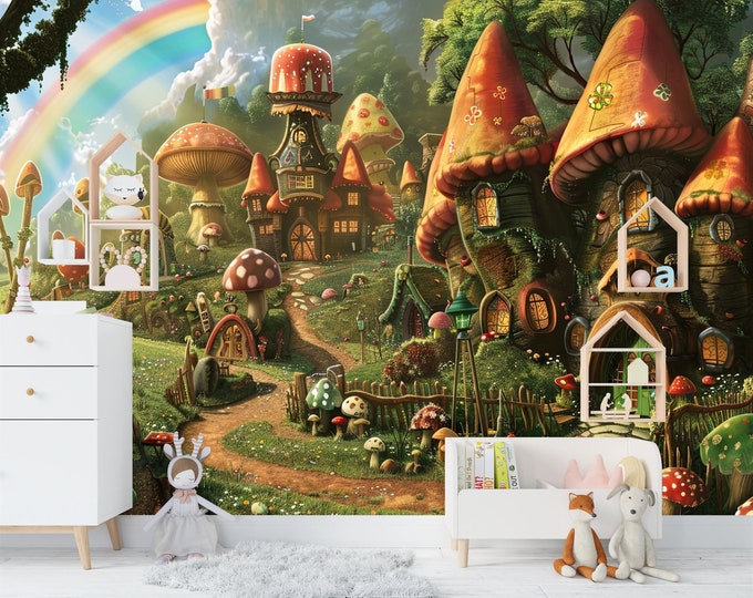 Whimsical Mushroom Village Rainbow Forest Gift, Art Print Photomural Wallpaper Mural Easy-Install Removeable Peel and Stick Large Wall Decal