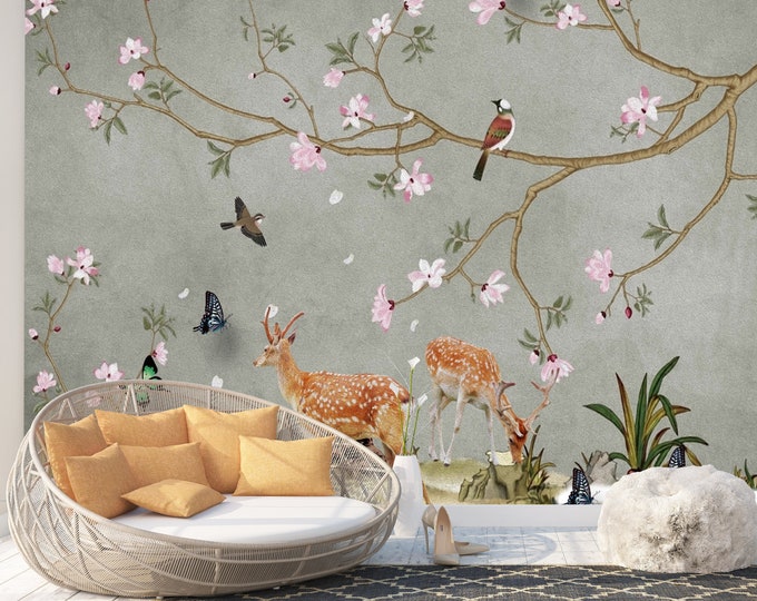 Deer in meadow Birds Flowers Art Print Photomural Wallpaper Mural Easy-Install Removeable Peel and Stick Premium Large Photo Wall Decal New