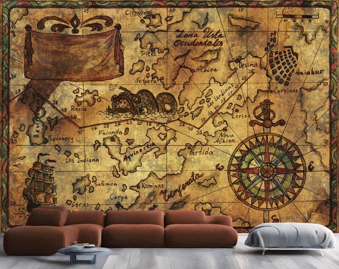 Nautical Vintage Map Captain's Log Gift, Art Print Photomural Wallpaper Mural Easy-Install Removeable Peel and Stick Large Wall Decal Art