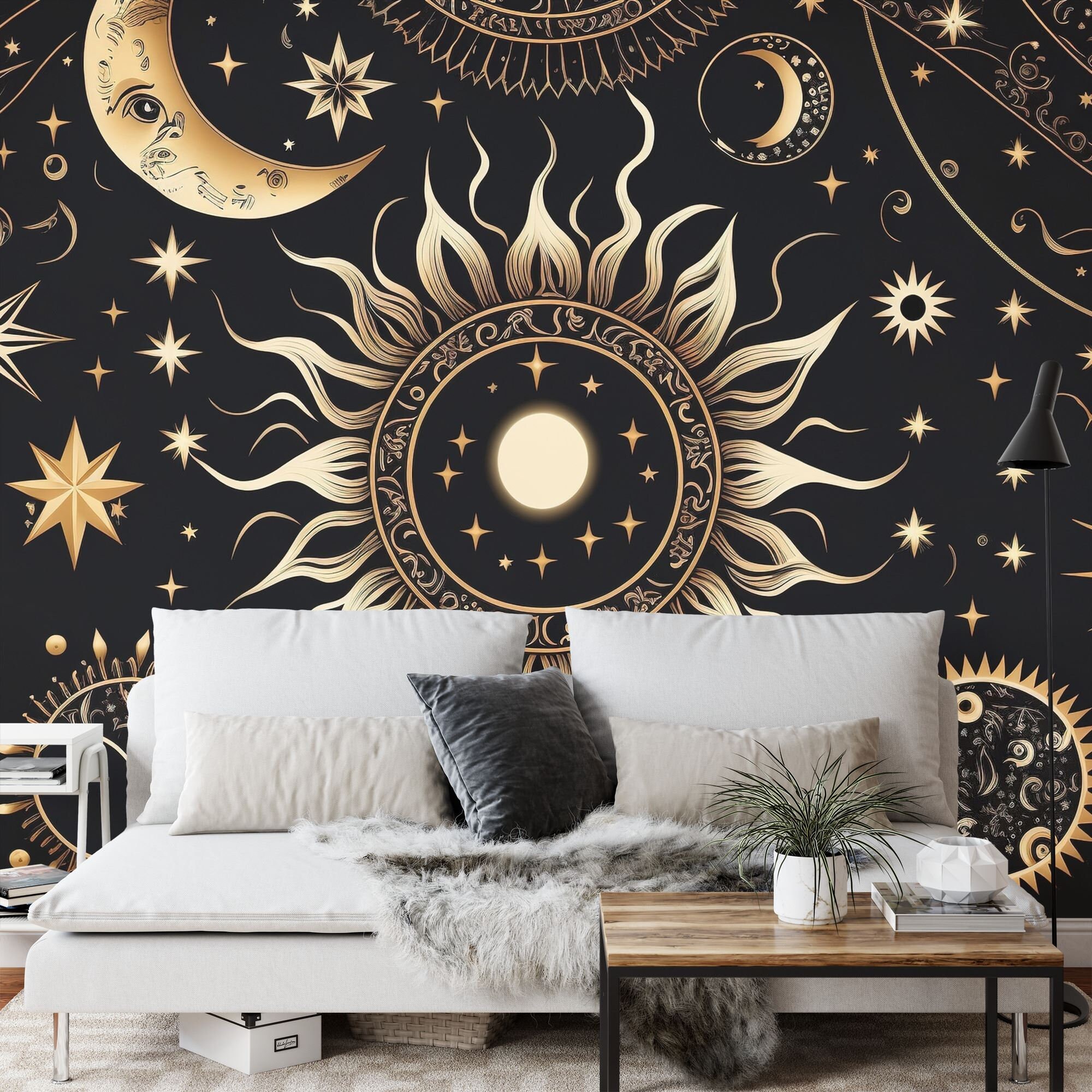 Golden Stars Moon Wallpaper Mural, Mystical Space Peel and Stick - Etsy