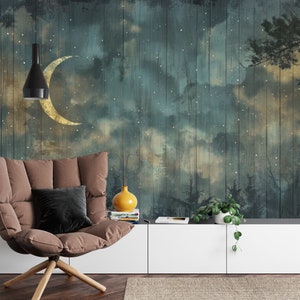 Enchanted Forest at Night Sky Stars Crescent Moon Gift, Art Print ...
