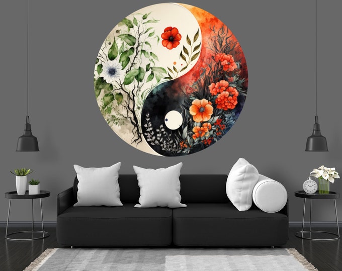 Flowers Ying Yang Watercolors Art Form Poster Photomural Wall Décor Easy-Install Removable Self-Adhesive High Quality Peel and Stick Sticker