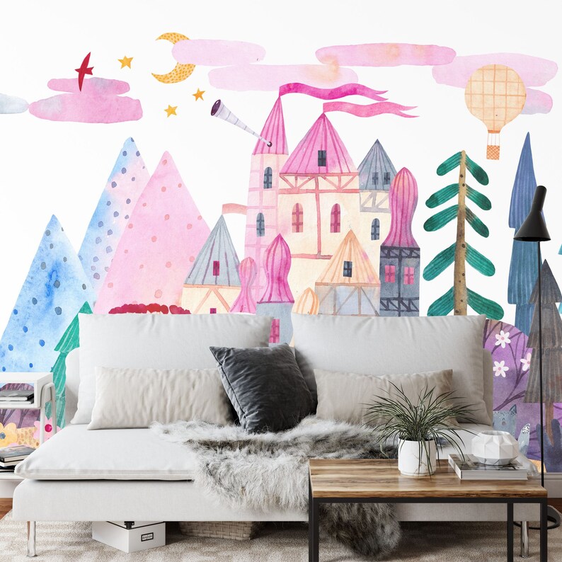Watercolor Fairytale Castle Wallpaper Mural, Kids Nursery Decor, Peel ...