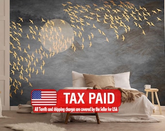 Japanese Gold Birds Wall Mural, Peel and Stick Wallpaper