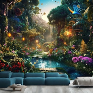ファンタジーの森の光る木々の花のギフト、アートプリント写真壁画壁紙壁画簡単に取り付け取り外し可能剥がして貼れる大きな壁用デカールアート