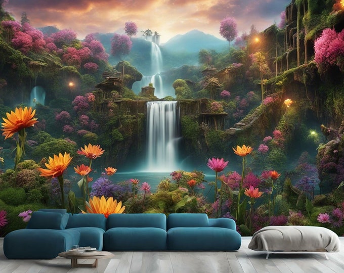 Landscape with Flowers Waterfall Clear Sky Gift, Art Print Photomural Wallpaper Mural Easy-Install Removeable Peel and Stick Large Decal Art