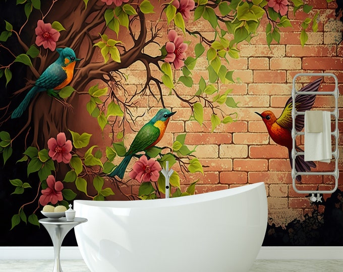 Branches Flowers Birds 3D Brick Wall Print Photomural Wallpaper Mural Easy-Install Removeable Peel and Stick Premium Large Photo Wall Decal