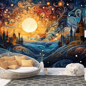 Fantasy Landscape with Castle and Moon Gift Art Print Photomural Wallpaper Mural Easy-Install Removeable Peel and Stick Large Wall Decal Art