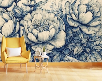 Vintage Floral Wallpaper Mural, Flower Illustration, Peel and Stick Wall Decal