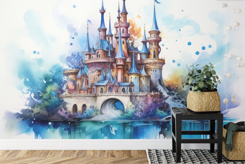 Watercolor Fairy Castle Wallpaper Mural – Girls Room Decor, Peel and ...