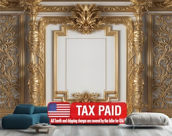 3D Gold Column Wallpaper Mural, Peel and Stick Decor