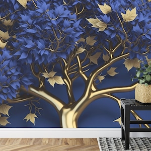 Elegant 3D Gold Royal Blue Floral Tree Gift Art Print Photomural Wallpaper Mural Easy-Install Removeable Peel and Stick Large Wall Decal Art
