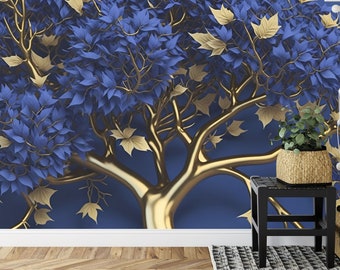 Elegant 3D Gold Royal Blue Floral Tree Gift Art Print Photomural Wallpaper Mural Easy-Install Removeable Peel and Stick Large Wall Decal Art