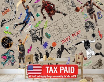 Graffiti Basketball Mural: Urban Gym Decor, Peel & Stick Wallpaper