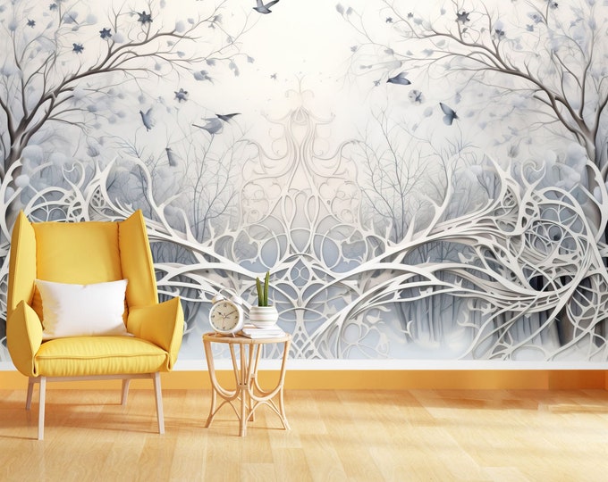 White Painting Trees Birds AI Generated Gift, Art Print Photomural Wallpaper Mural Easy-Install Removeable Peel and Stick Large Wall Decal