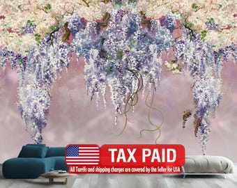 Lilac Floral Wallpaper Mural, Purple Flowers, Peel and Stick