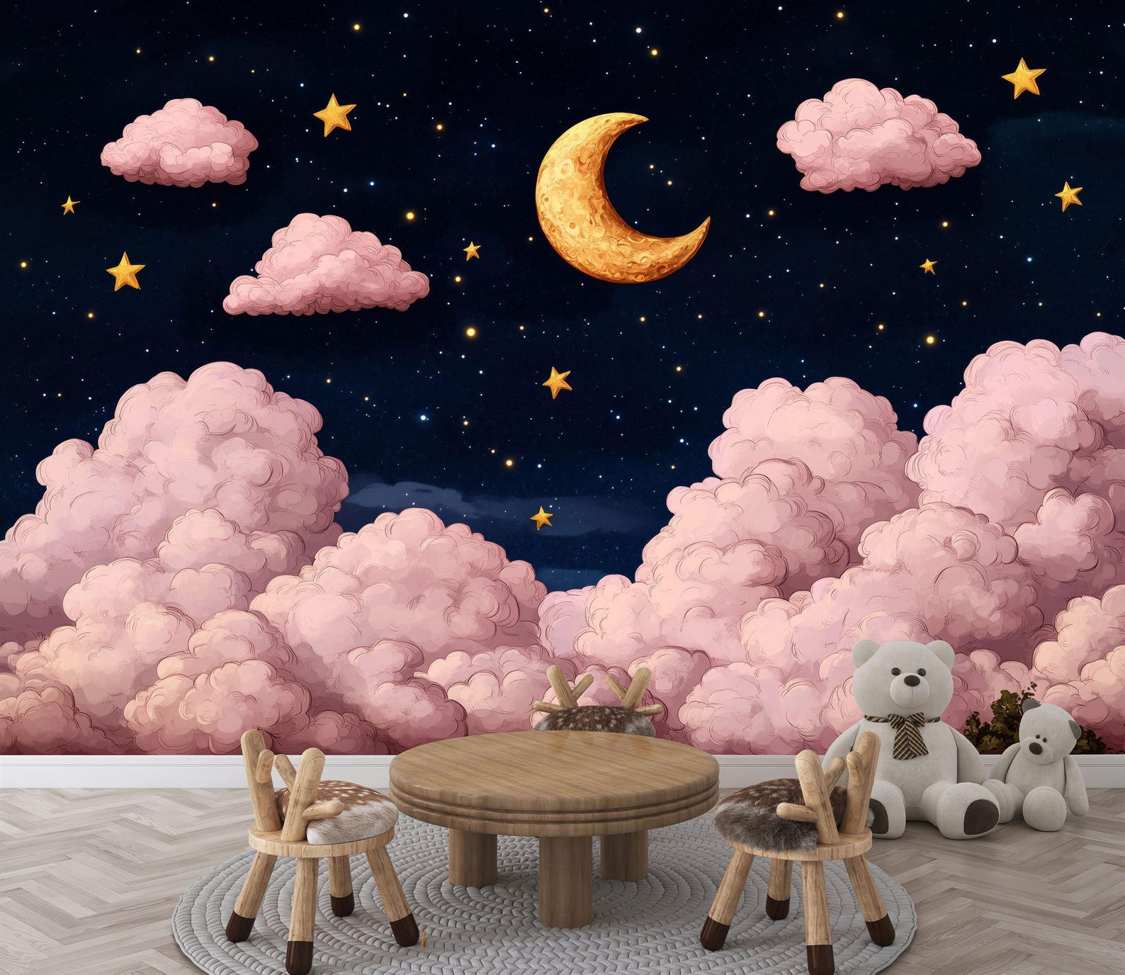 Starry Sky Nursery Wallpaper Mural | Golden Moon, Peel and Stick - Etsy