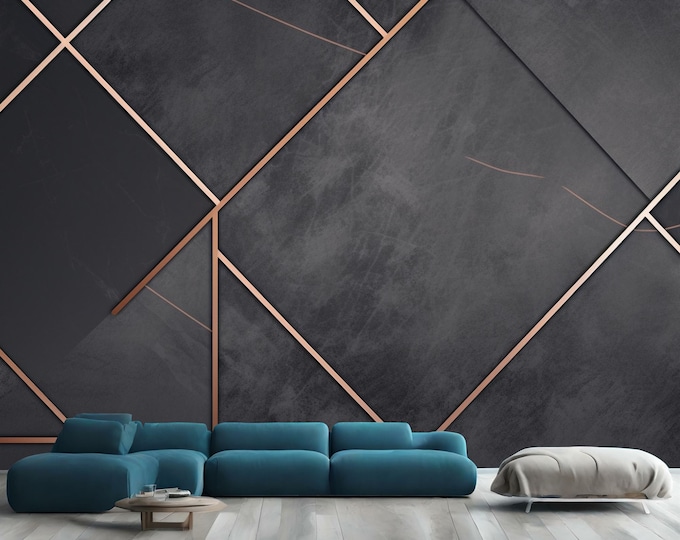 Charcoal Gray Marble Rose Gold Geometric Gift, Art Print Photomural Wallpaper Mural Easy-Install Removeable Peel and Stick Large Wall Decal