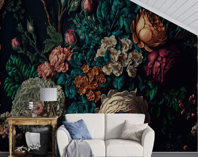 Baroque Flowers Rich Deep Colors Peonies Gift, Art Print Photomural Wallpaper Mural Easy-Install Removeable Peel and Stick Large Wall Decal