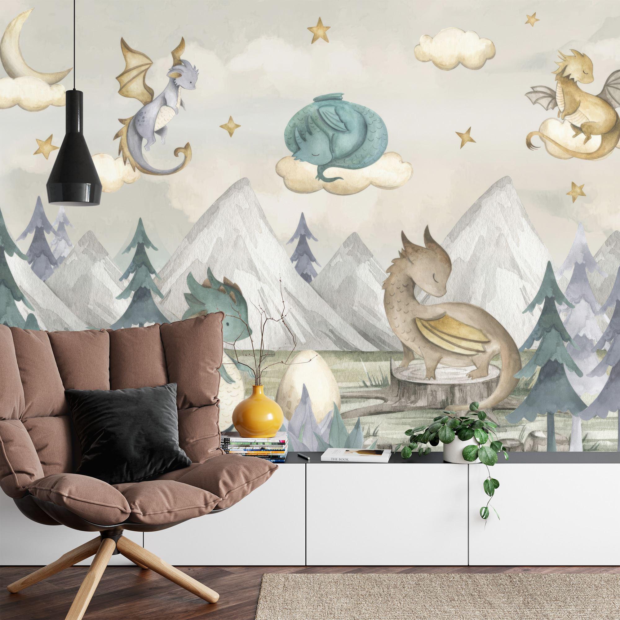 Watercolor Dragons Wallpaper Mural, Kids Nursery Decor, Peel and Stick ...