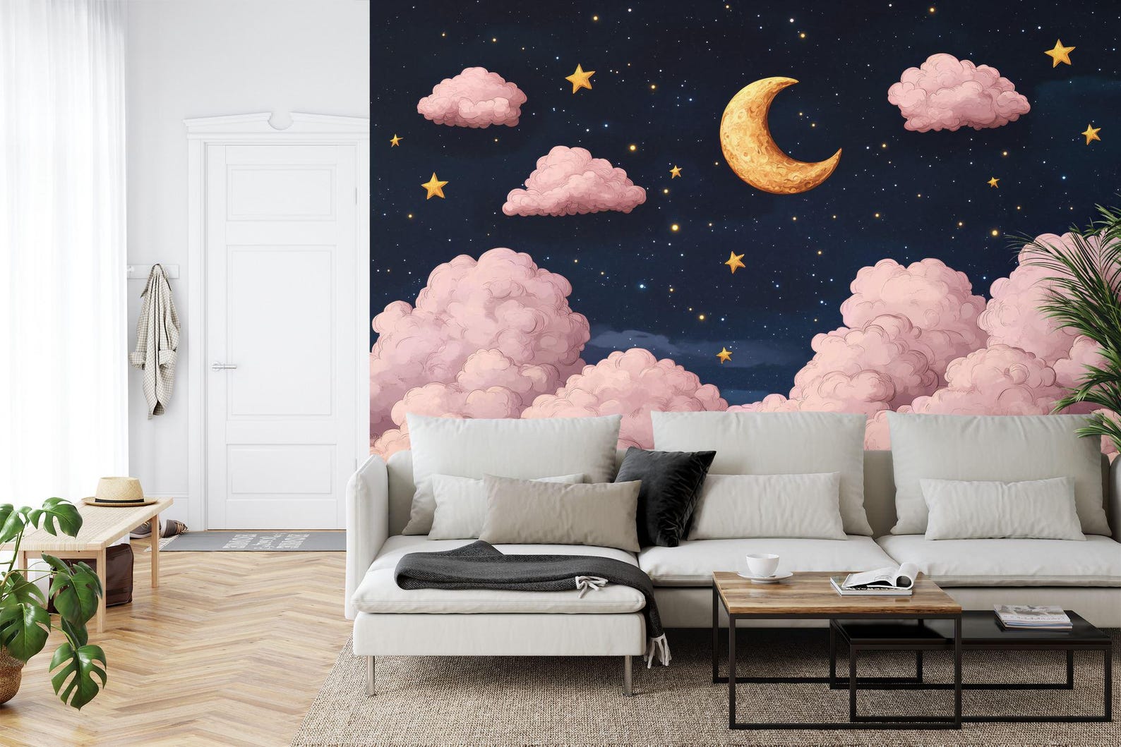 Starry Sky Nursery Wallpaper Mural | Golden Moon, Peel and Stick - Etsy