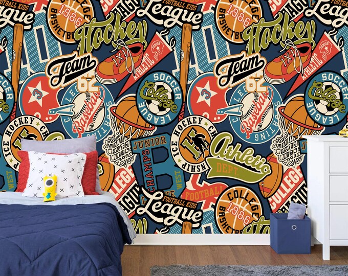 College Athletic Sporting Badges Patchwork Art Print Photomural Wallpaper Mural Easy-Install Removeable Peel and Stick Photo Wall Decal