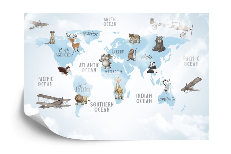 Animal World Map Wallpaper Mural, Kids Room Decor, Peel and Stick - Etsy